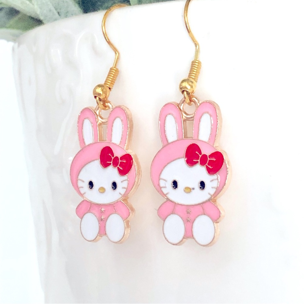 New Hello Kitty Pastel Pink Dangling Bunny Love Earrings Cat Cartoon Animal Cute